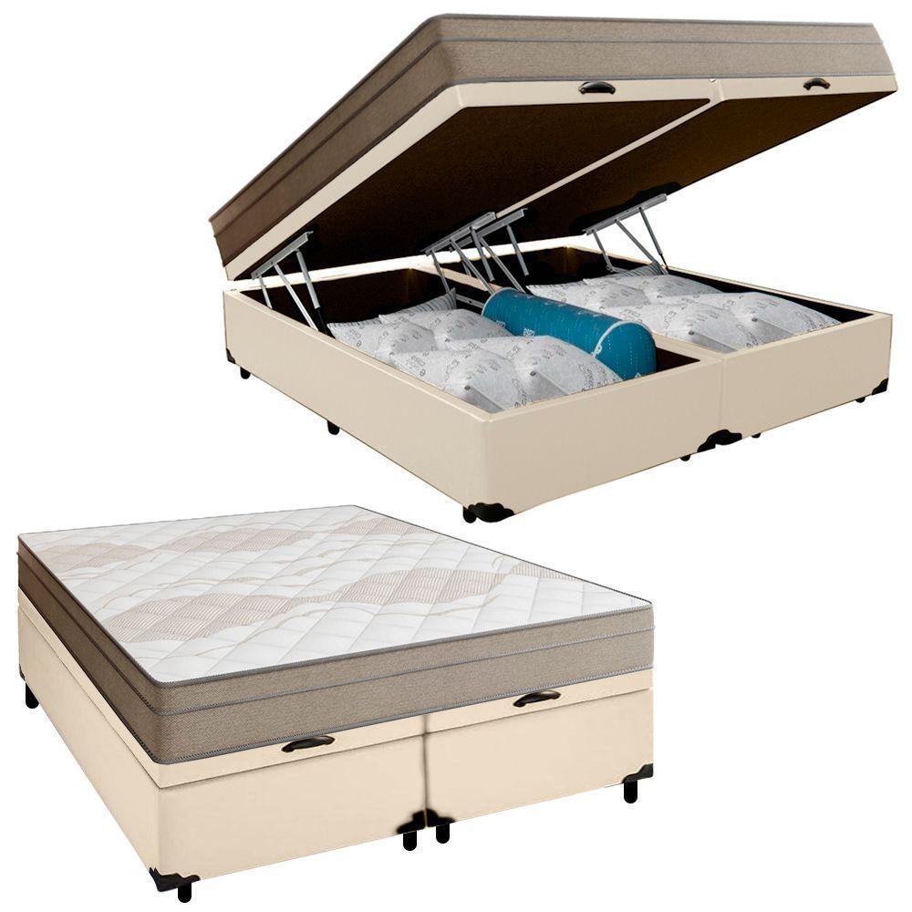Cama Box Baú Casal Bipartido Sintético + Colchão De Molas Ensacadas Portobel Ipanema - 138x188x66cm Bege - 1
