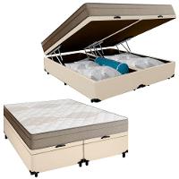 Cama Box Baú Casal Bipartido Sintético + Colchão De Molas Ensacadas Portobel Ipanema - 138x188x66cm Bege - 1