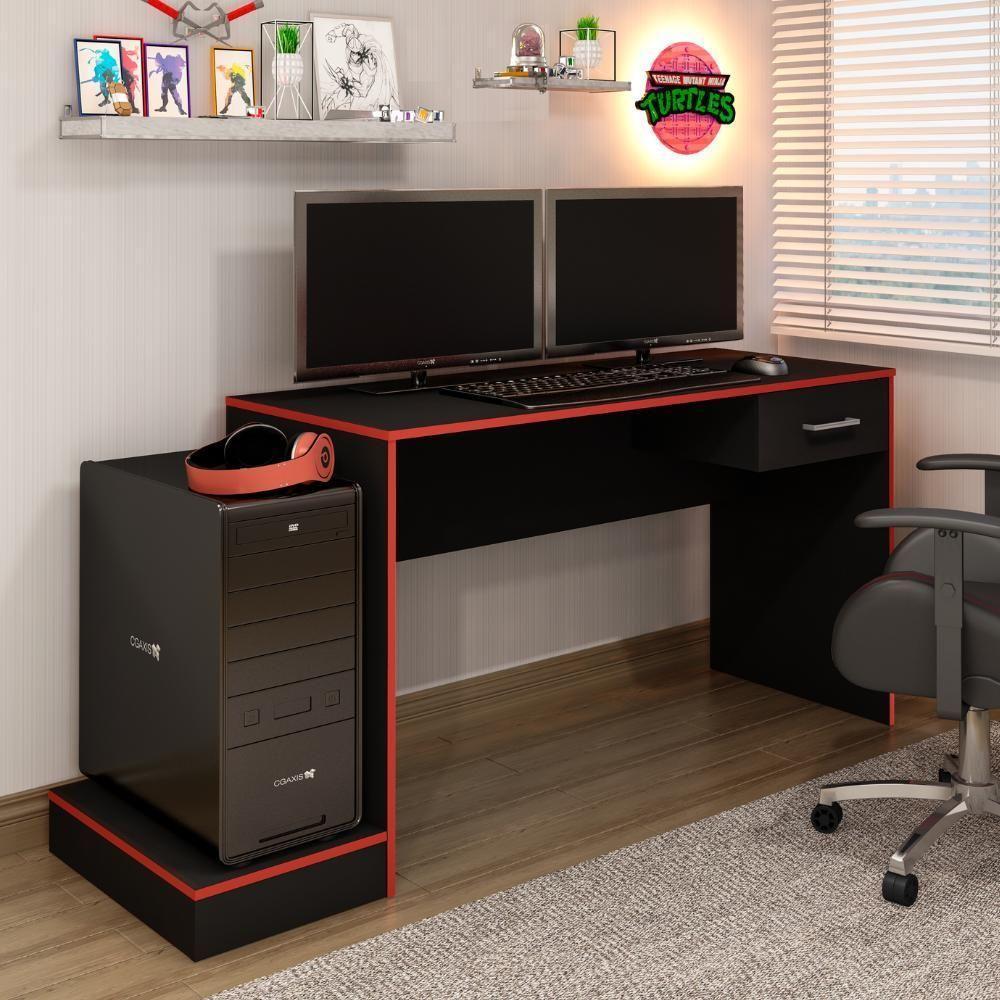 Mesa Gamer 1 Gaveta E Estante Livreiro Preto Vermelho Arly Preto Vermelho - 7