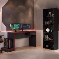 Mesa Gamer 1 Gaveta E Estante Livreiro Preto Vermelho Arly Preto Vermelho - 2