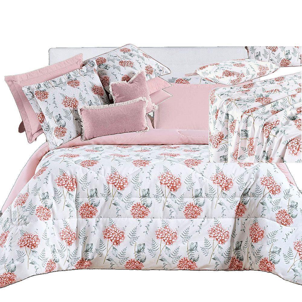 Kit Coordenado Edredom, Cobre Leito E Lençol Sensuale Queen Hortência 8 Peças - 80% Algodão, 20% Poliéster - 1