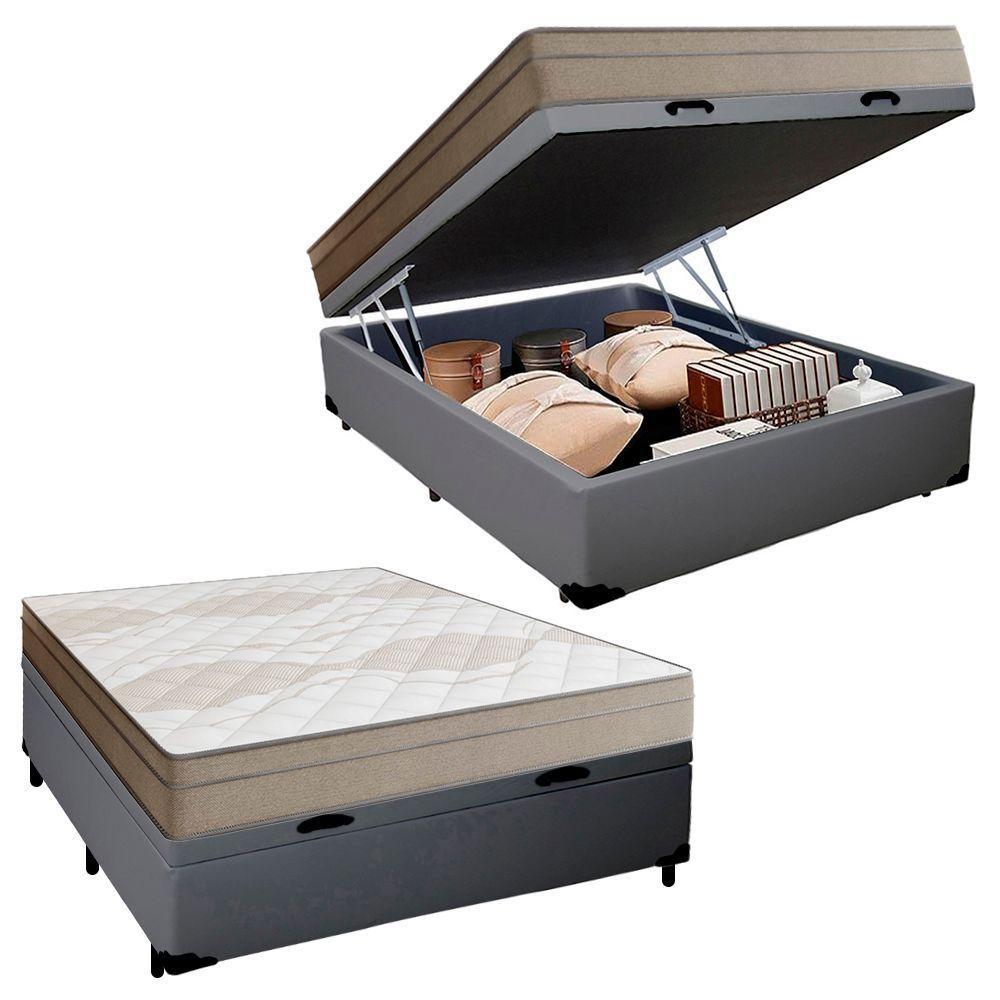 Cama Box Baú Casal Sintético + Colchão De Molas Ensacadas Portobel Ipanema - 138x188x66cm Cinza - 1