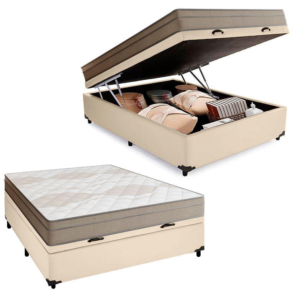Cama Box Baú Casal Sintético + Colchão De Molas Ensacadas Portobel Ipanema - 138x188x66cm Bege - 1