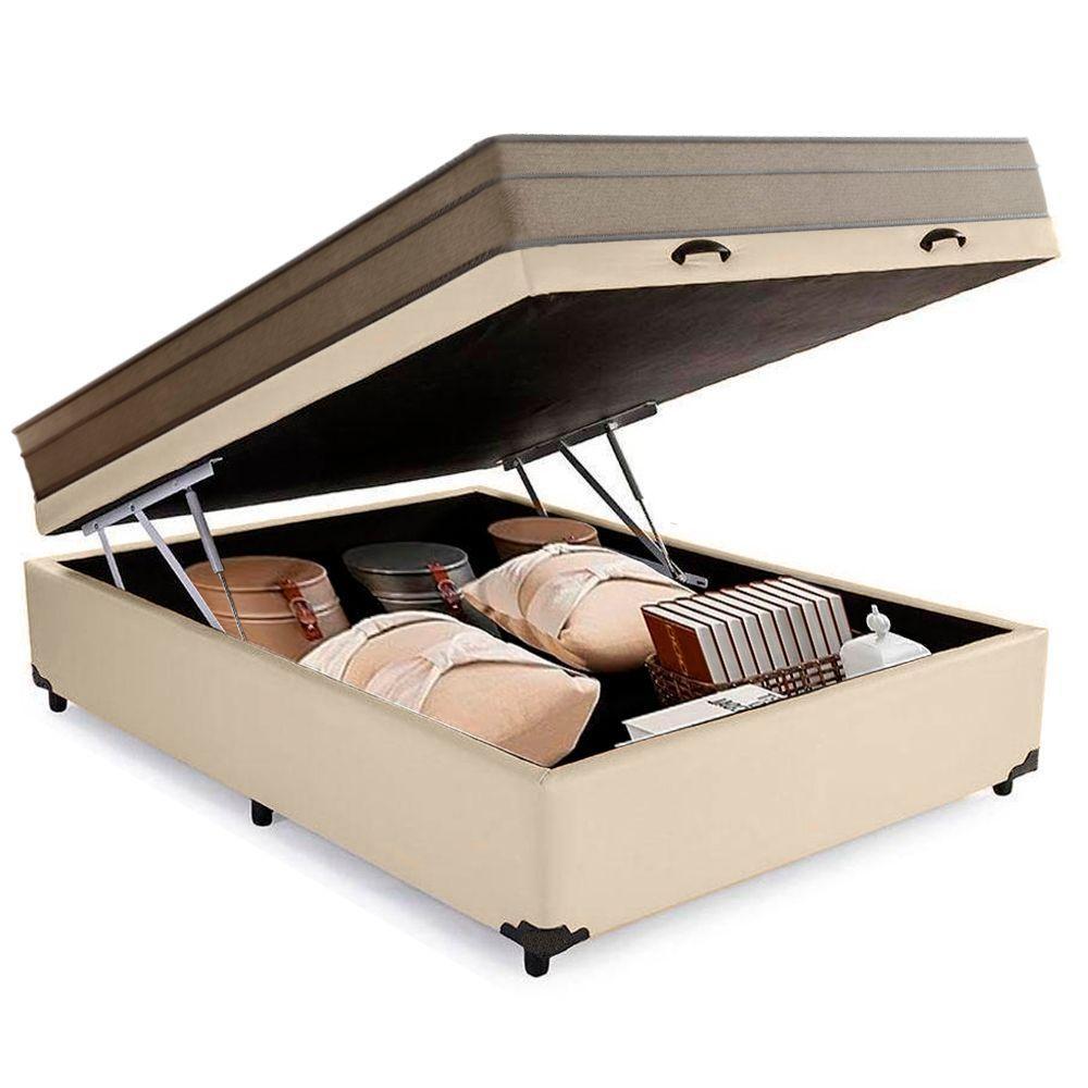 Cama Box Baú Casal Sintético + Colchão De Molas Ensacadas Portobel Ipanema - 138x188x66cm Bege - 6