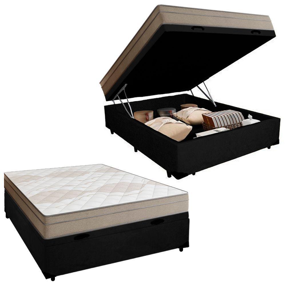 Cama Box Baú Casal Suede + Colchão De Molas Ensacadas Portobel Ipanema - 138x188x66cm Preto - 1