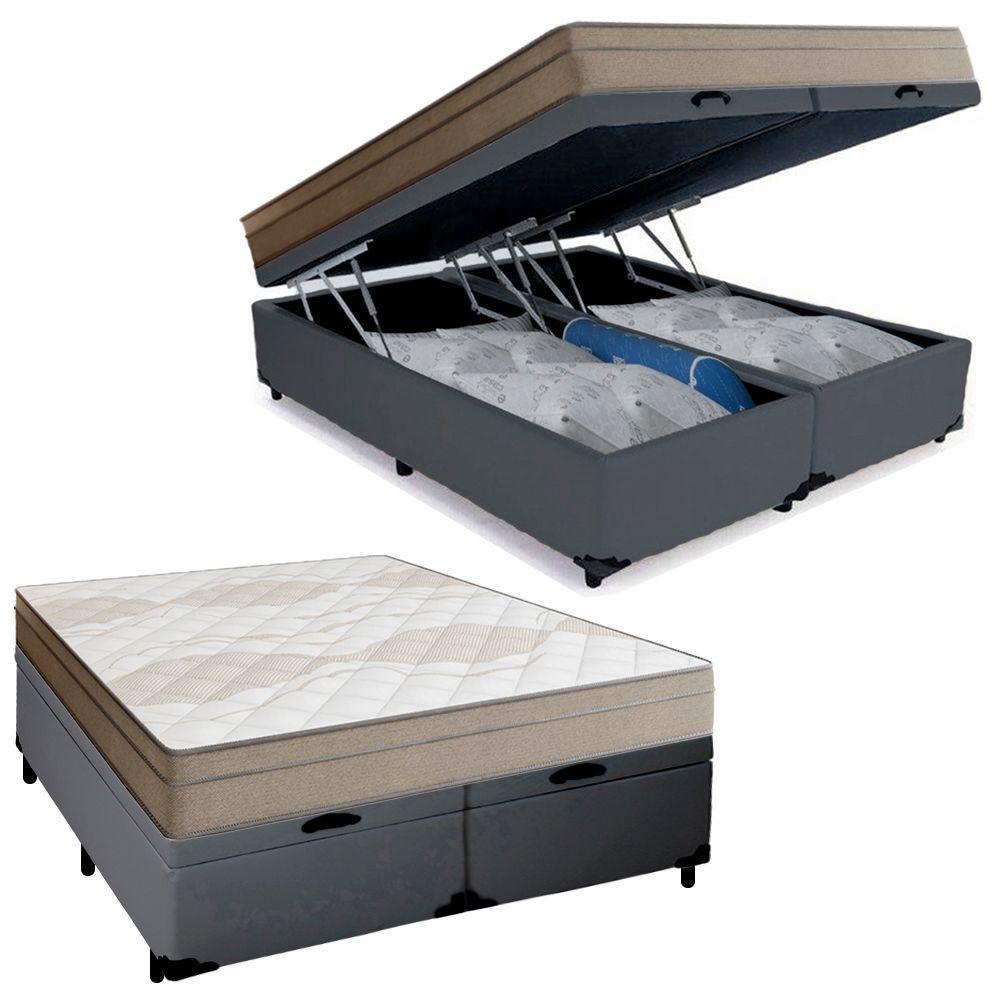 Cama Box Baú Casal Bipartido Sintético + Colchão De Molas Ensacadas Portobel Ipanema - 138x188x66cm Cinza - 1