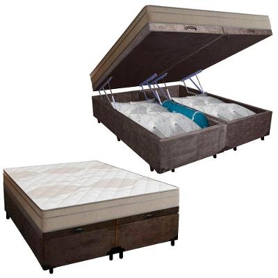 Cama Box Baú Casal Bipartido Suede + Colchão De Molas Ensacadas Portobel Ipanema - 138x188x66cm Marrom