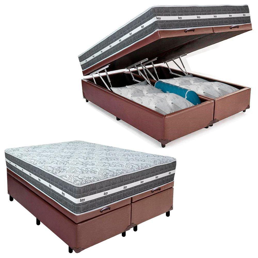 Cama Box Baú Casal Bipartido Sintético + Colchão Anjos Black Graphite Molas Ensacadas 138x188x64cm Marrom - 1