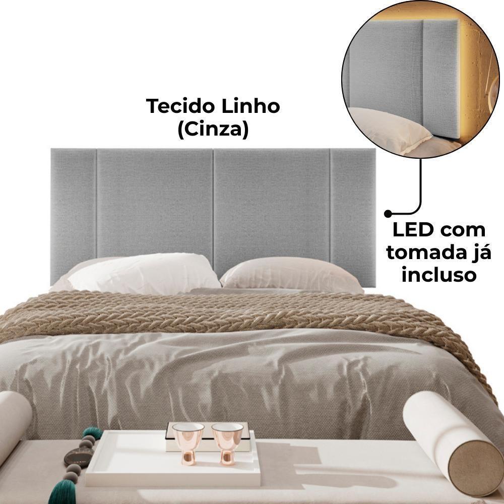 Cabeceira Modulada Casal 140 Cm Com Led Linho Cinza Milani Store Cinza - 4