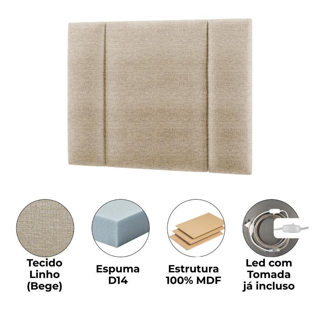 Cabeceira Modulada Solteiro 90 Cm Com Led Linho Bege Milani Store Bege - 4