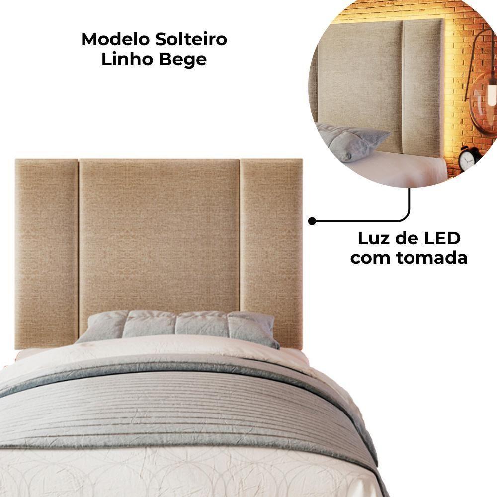 Cabeceira Modulada Solteiro 90 Cm Com Led Linho Bege Milani Store Bege - 5