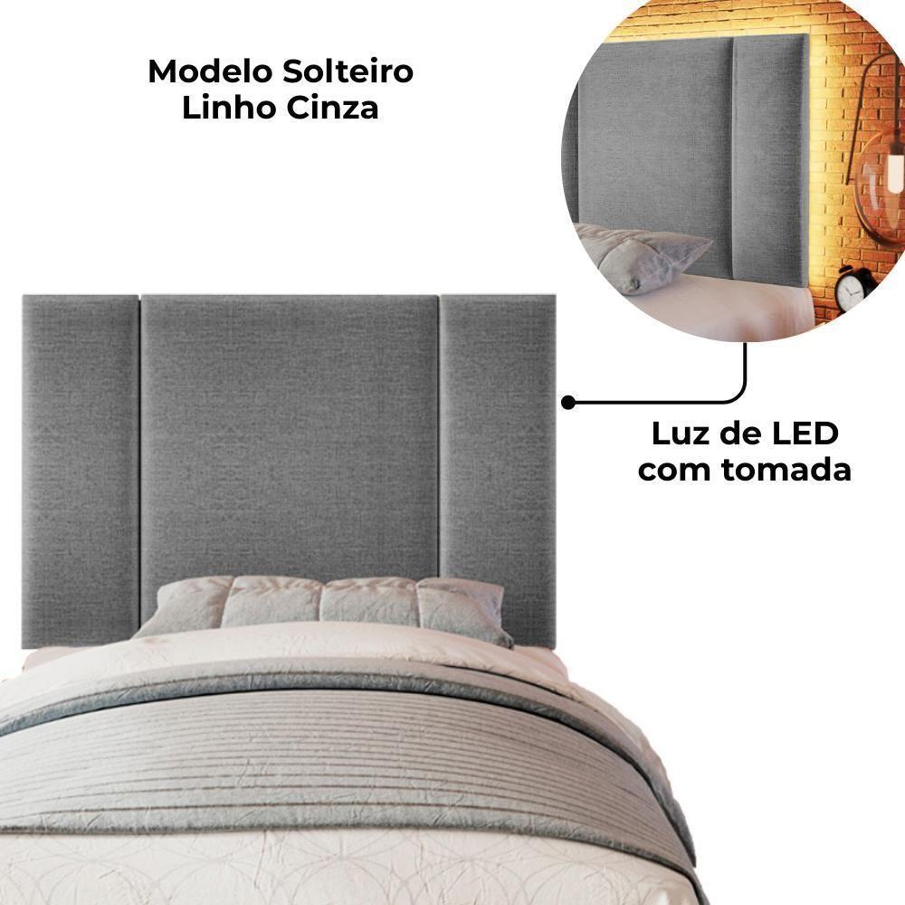 Cabeceira Modulada Solteiro 90 Cm Com Led Linho Cinza Milani Store Cinza - 7