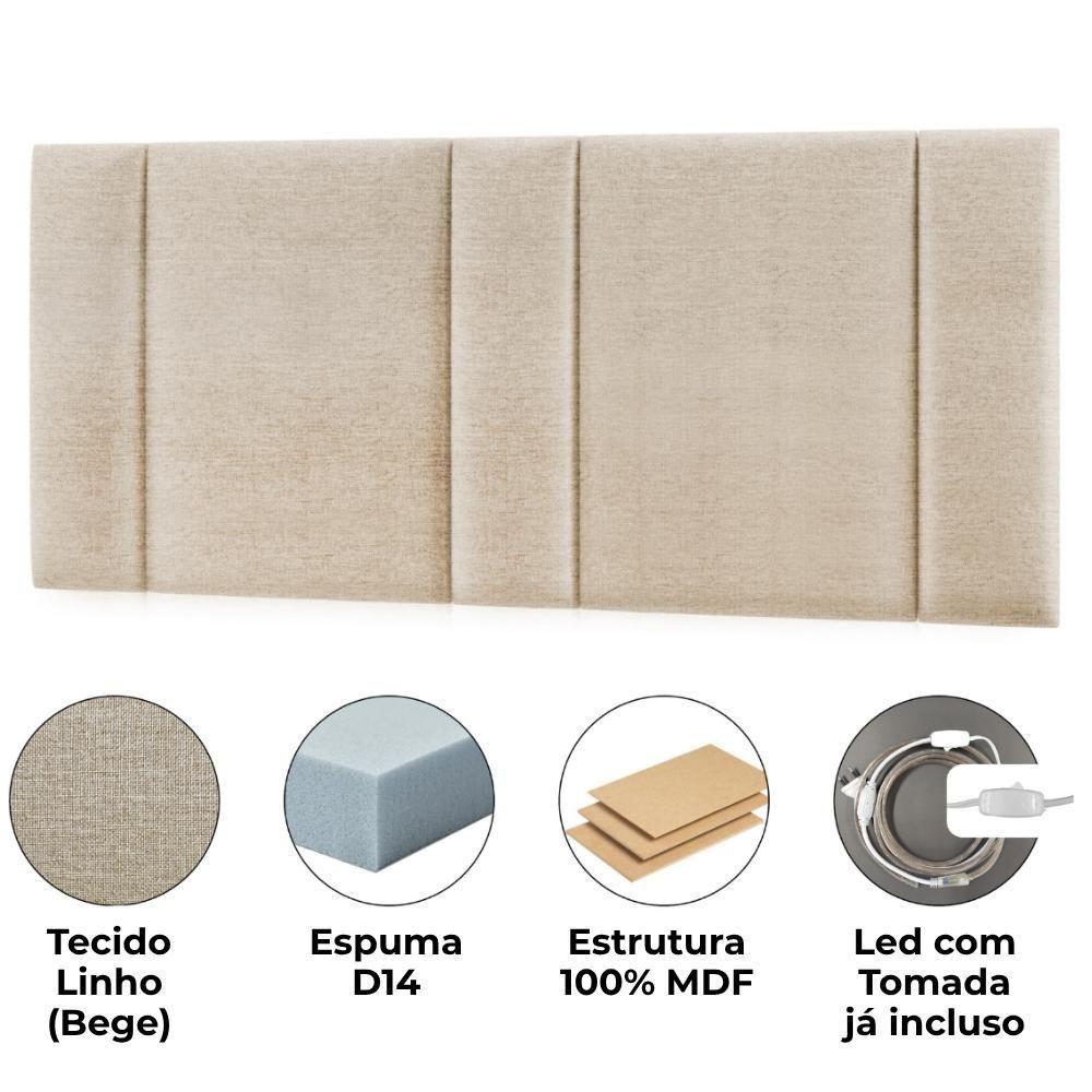 Cabeceira Modulada Queen 160 Cm Com Led Linho Bege Milani Store Bege - 6