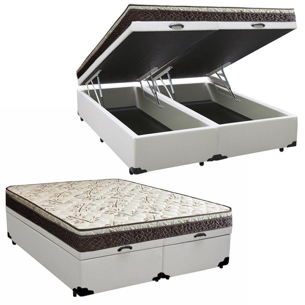 Cama Box Baú Queen Sintético Bipartido + Colchão Elegance Ortopédico Espuma D33 Extra Firme 158x198x63 Branco - 1