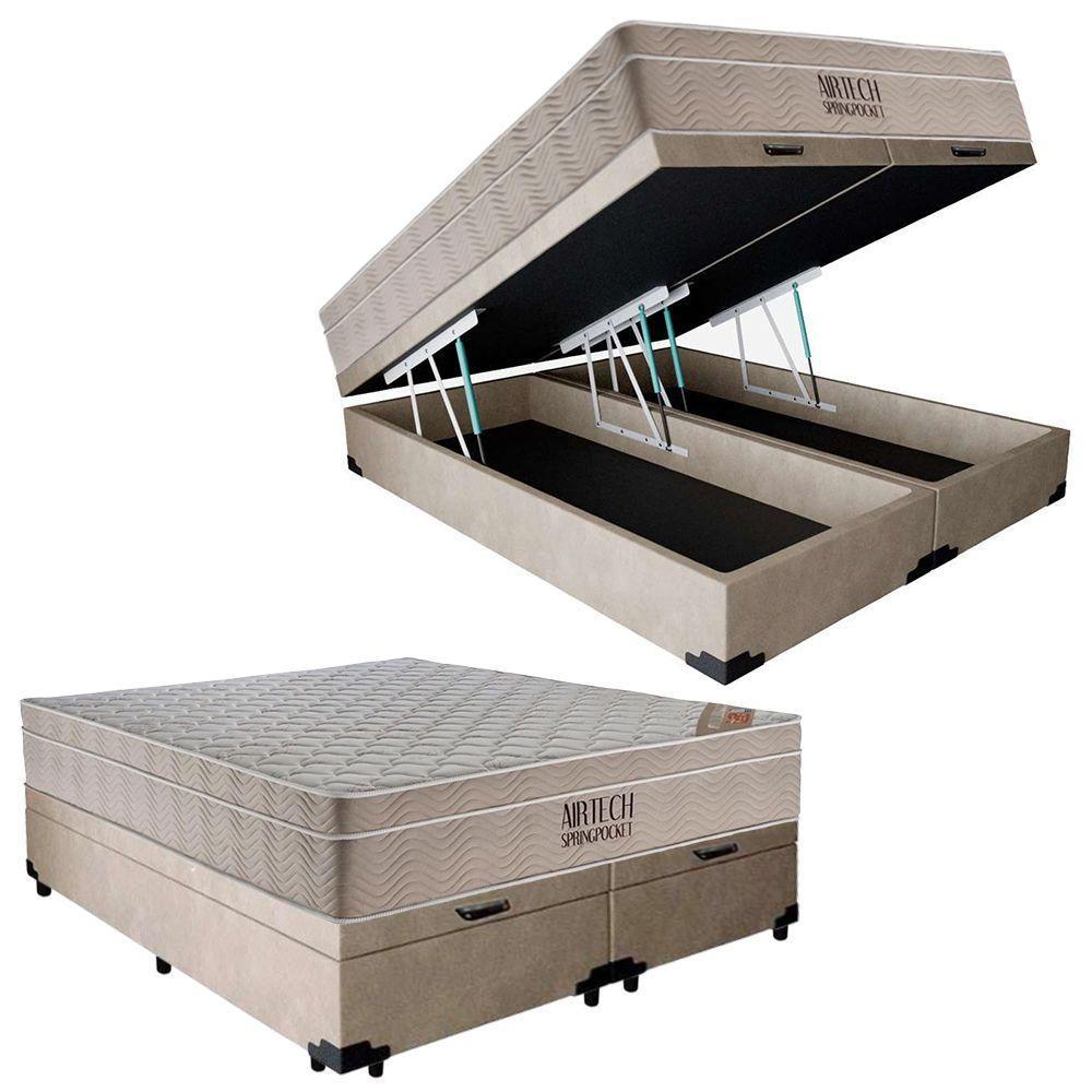 Cama Box Baú Casal Sintético Bipartido + Colchão Ortobom Airtech Molas Ensacadas 138x188x65 Bege - 1
