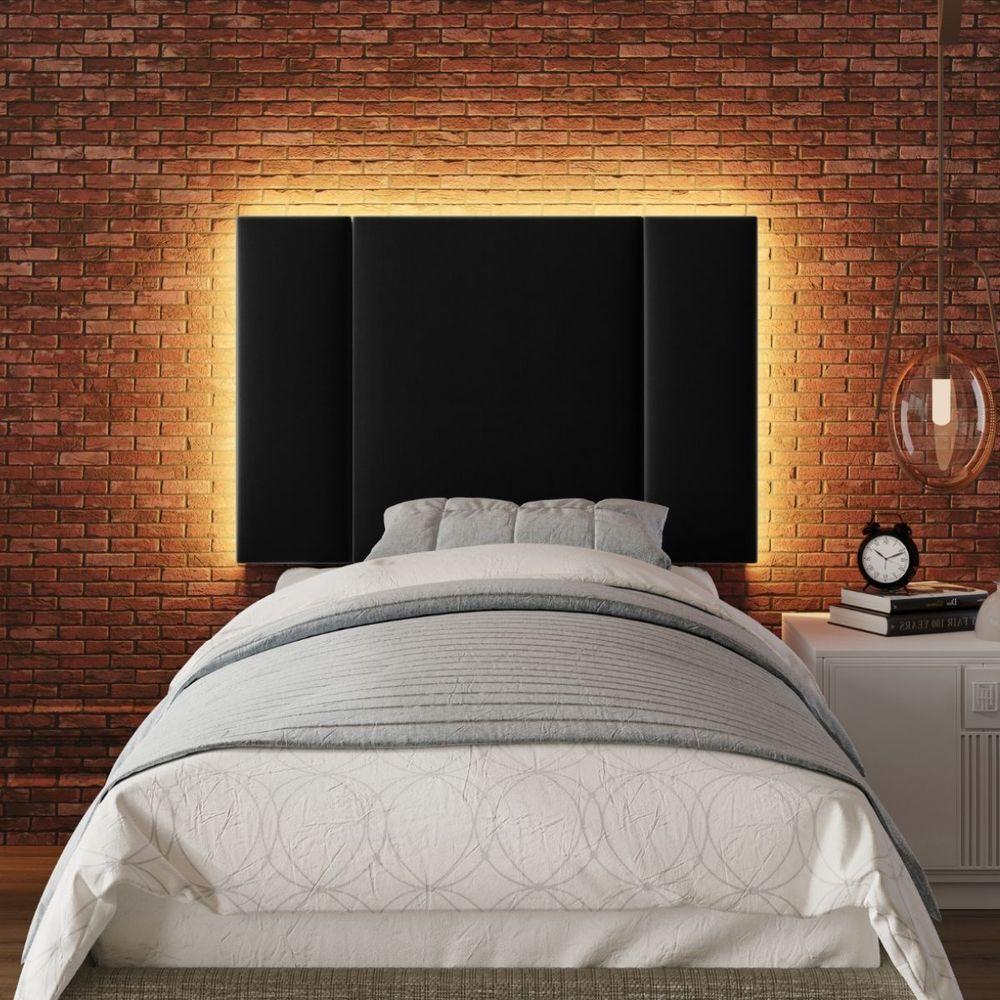 Cabeceira Estofada Cama Box Solteiro Com Led Star 90 Cm veludo Preto - 9
