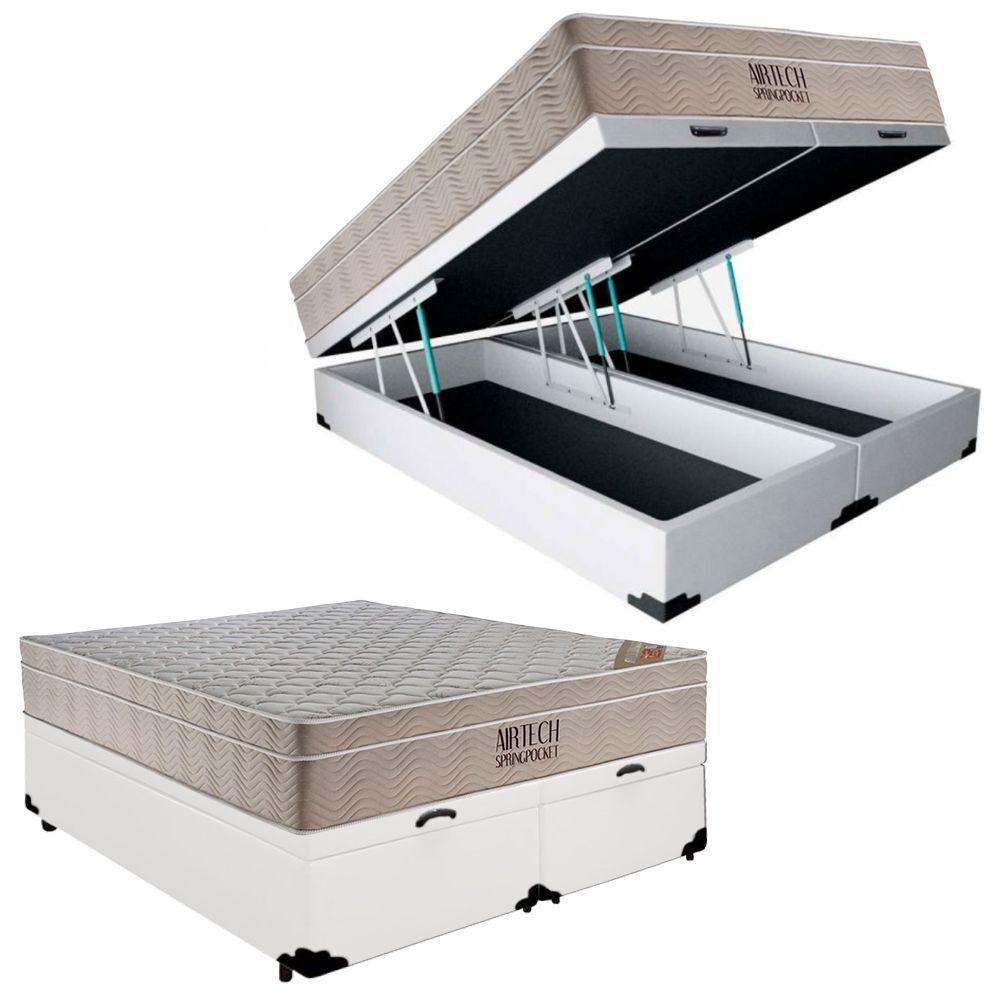 Cama Box Baú Casal Sintético Bipartido + Colchão Ortobom Airtech Molas Ensacadas 138x188x65 Branco - 1
