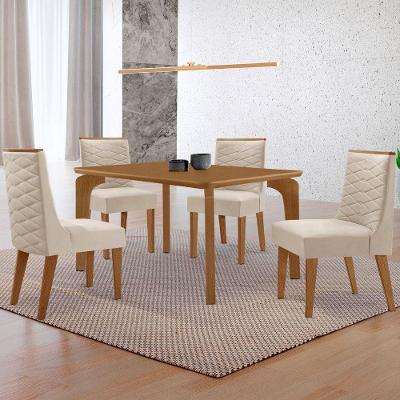 Mesa Liz 120cm Mdf Com 4 Cadeiras Safira Veludo Creme/naturalle/naturalle