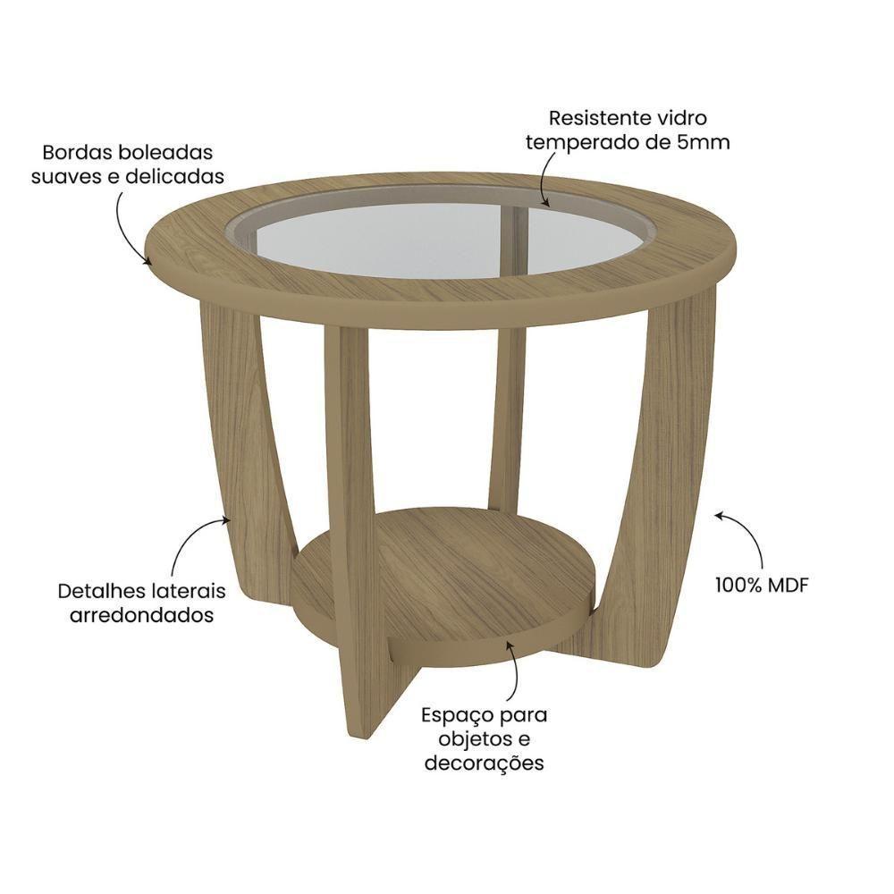 Mesa De Centro Redonda 60cm Com Vidro Multimóveis Cr45306 Carvalho - 3
