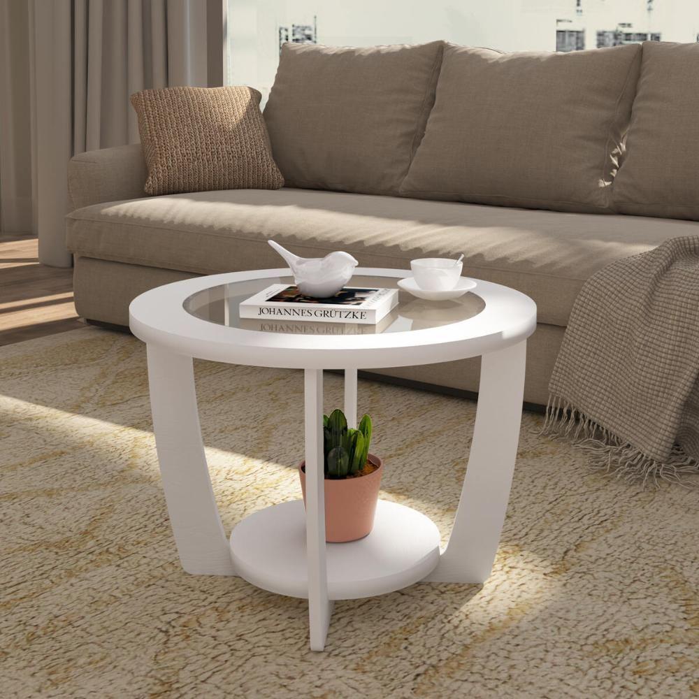 Mesa De Centro Redonda 60cm Com Vidro Multimóveis Cr45306 Branco - 1