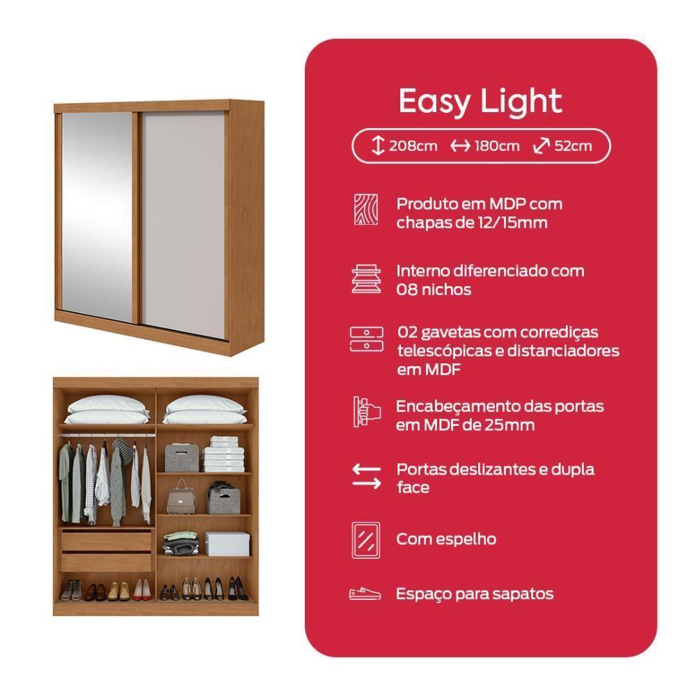 Guarda-roupa 2 Portas De Correr 2 Gavetas Easy Light Com Espelho Amendoa Clean/off White/amen - 2