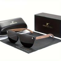 Óculos Com Design Madeira Quadrada Elegante, Lentes Polarizadas Madeira De Nogueira Preta - 1