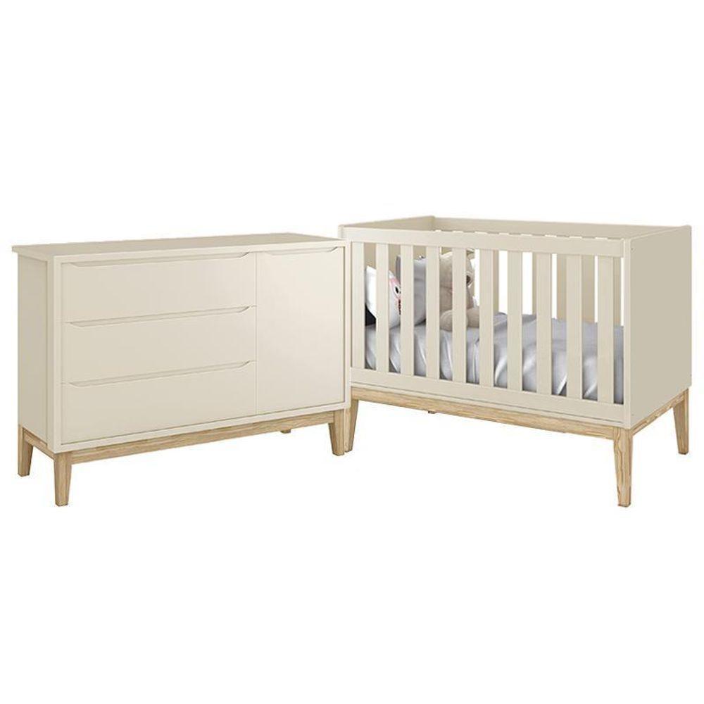 Jogo De Quarto Classic Cômoda Com Porta E Berço Areia Fosco Com Pés Madeira Natural - Reller Móveis Areia Fosco - 1