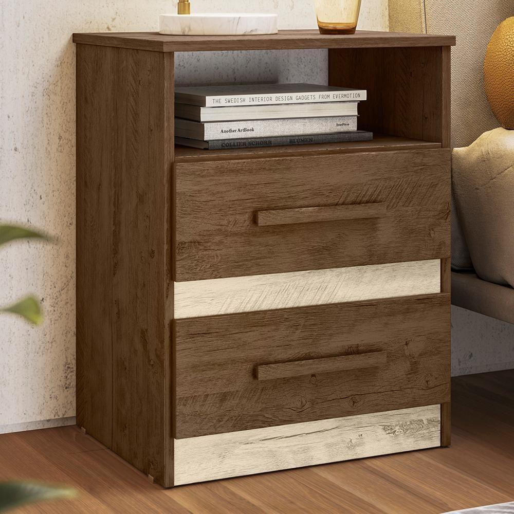 Mesa De Cabeceira Apolo 2 Gavetas Flex Castanho Wood-avelã Wood - Moval Castanho Wood-avelã Wood - 2