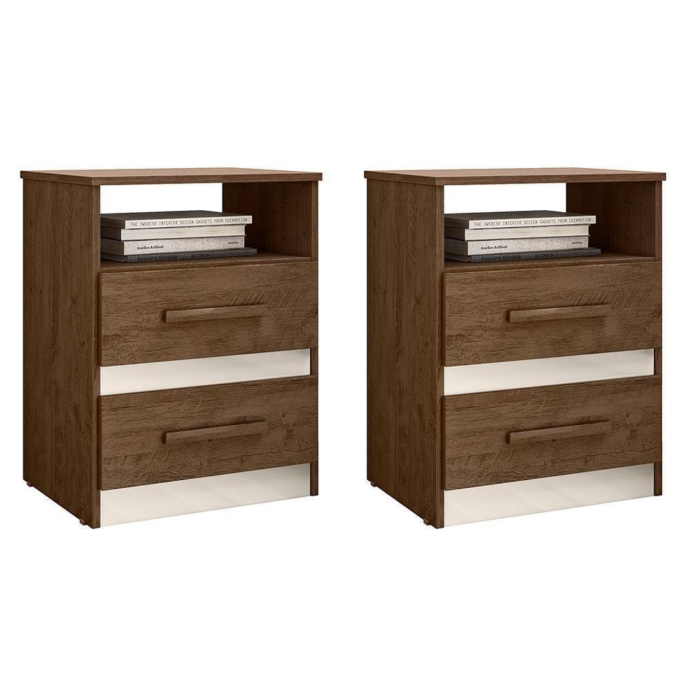 Kit 2 Mesas De Cabeceira Apolo 2 Gavetas Flex Castanho Wood-off White - Moval Castanho Wood-off White - 1