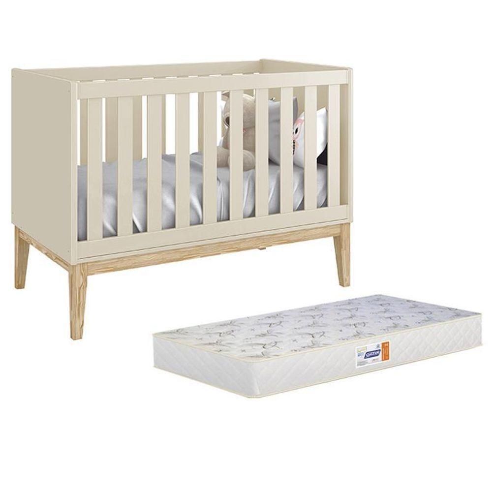 Berço Americano Classic Areia Fosco Com Pés Madeira Natural E Colchão D18 - Reller Móveis Areia Fosco - 1