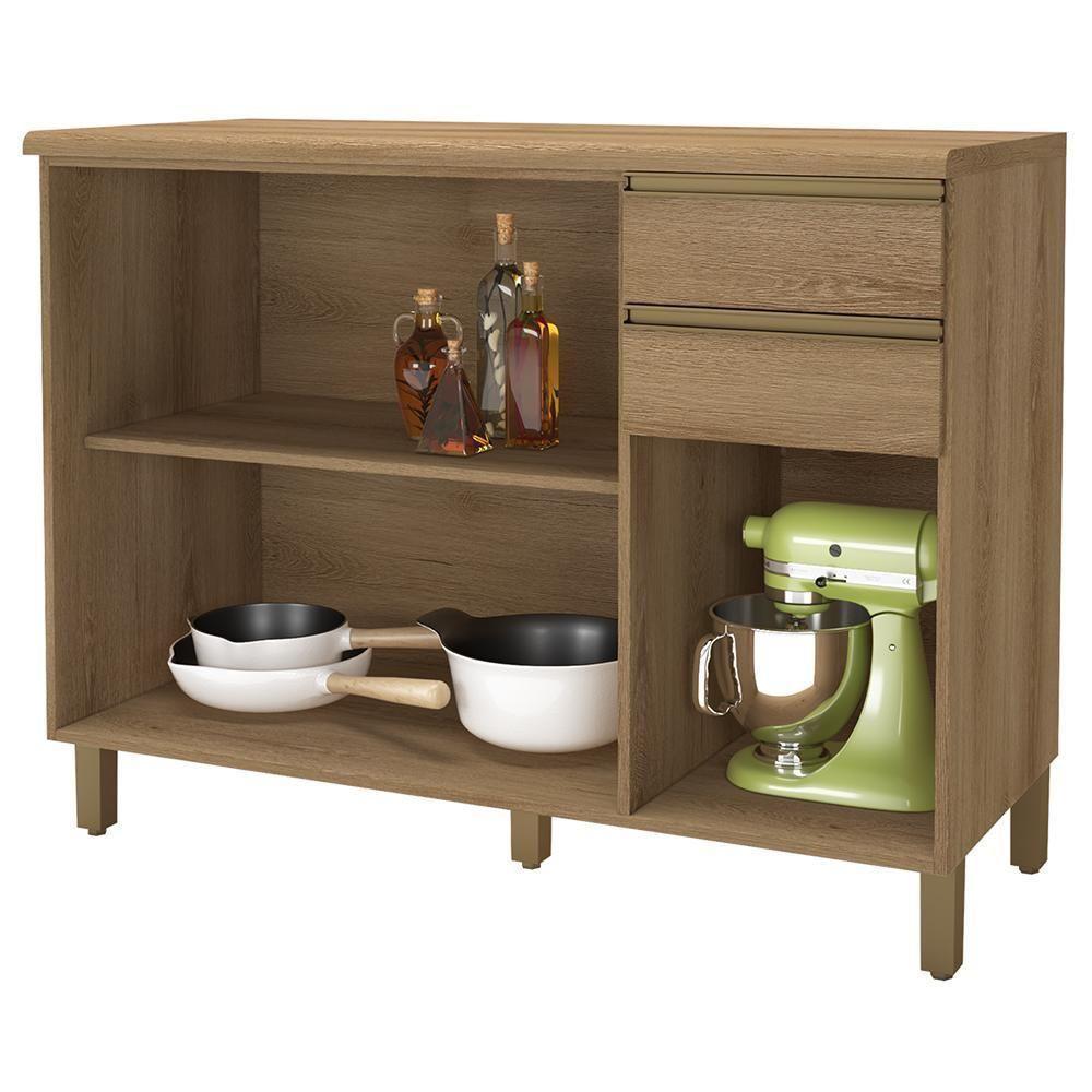 Balcão De Cozinha Dinamarca 120cm 3 Portas E 2 Gavetas Castani Com Tampo Mdp - Indékes Castani - 3