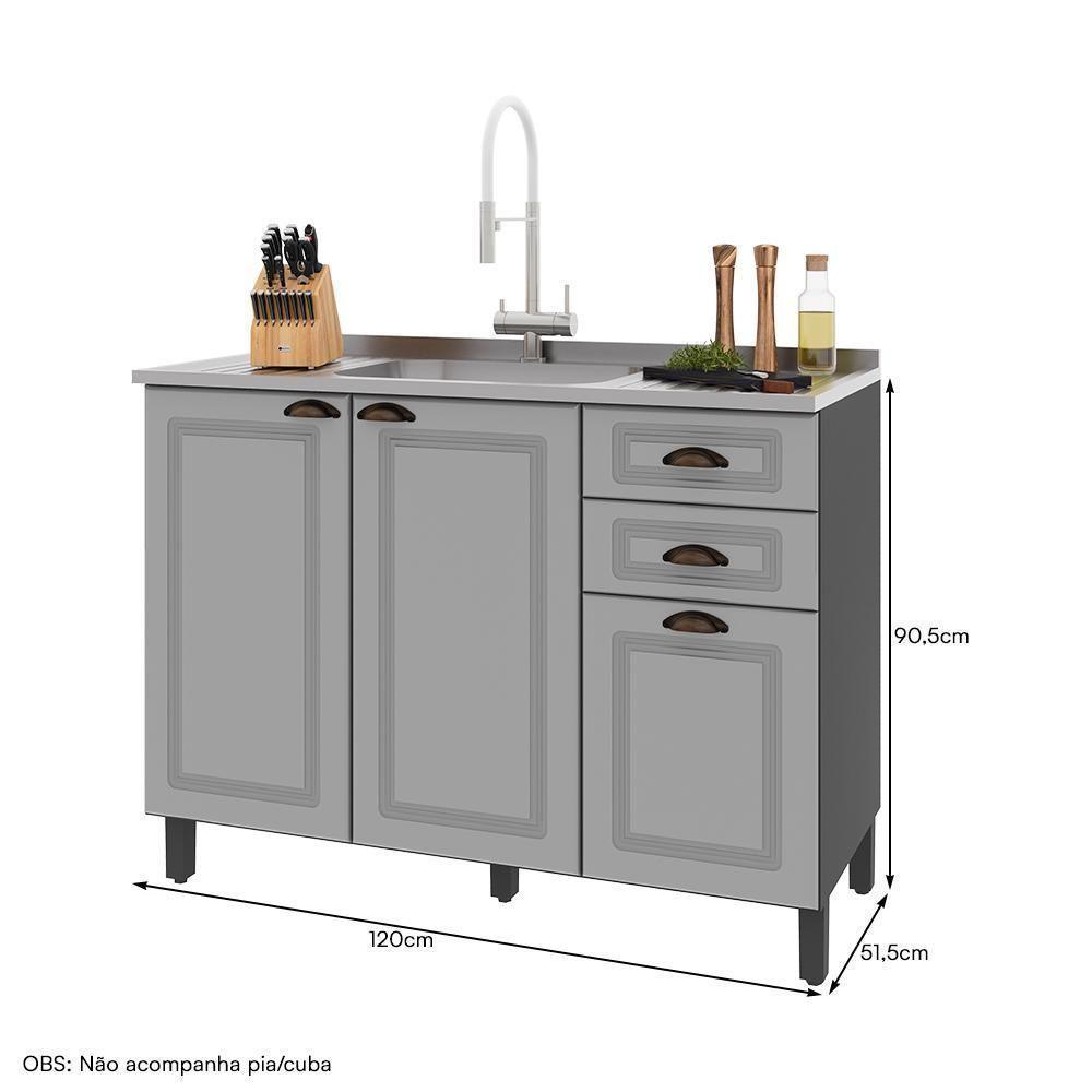 Balcão De Cozinha Firenze 120cm 3 Portas E 2 Gavetas Chumbo-titânio Sem Tampo - Indékes Chumbo-titânio - 3