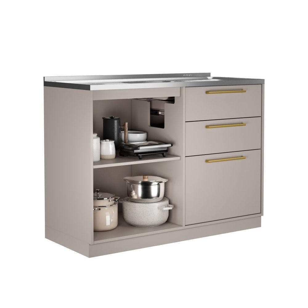 Balcão 1 Porta 3 Gavetas 120cm Com Pia Inox E Dobradiças Slow Motion Essence - Itatiaia Fendi - 3