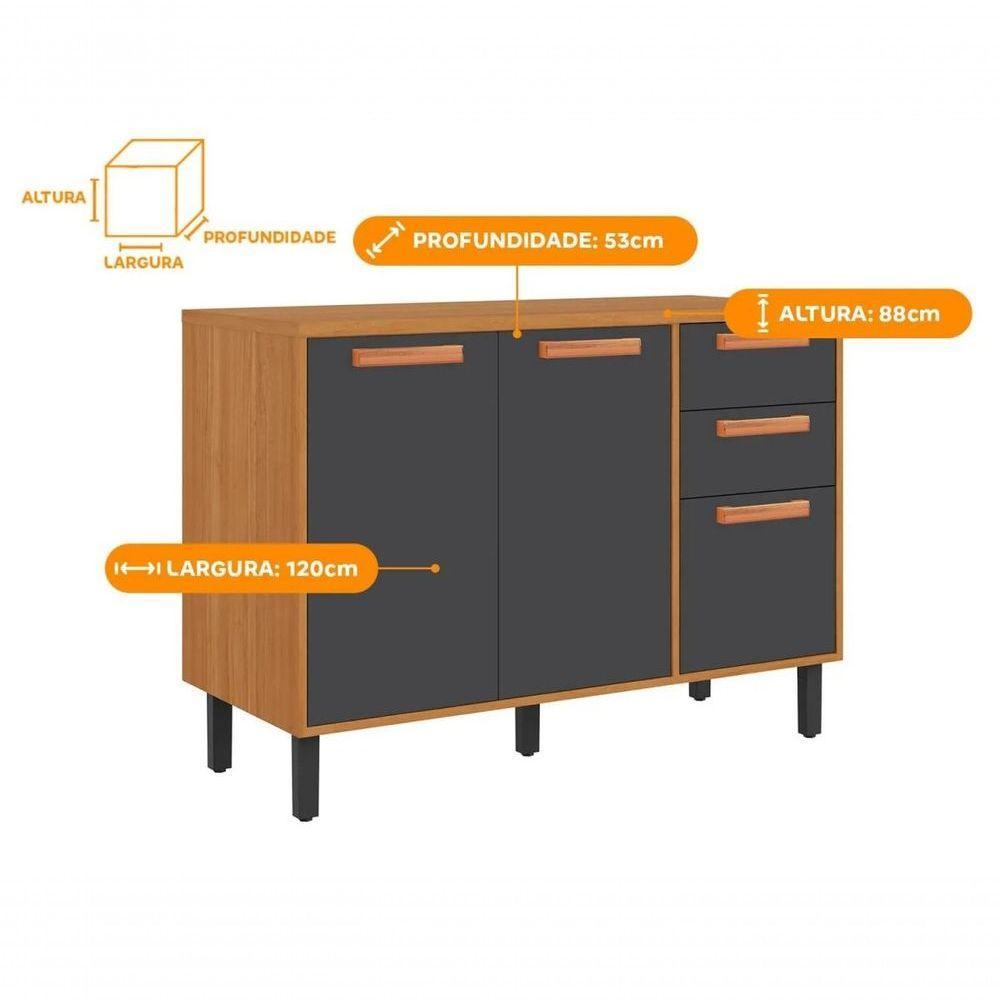 Balcão 3 Portas 2 Gavetas 120cm Com Tampo Nápoles - Itatiaia Cinamomo-grafite - 2