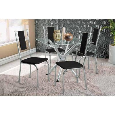 Conjunto Mesa De Cozinha Volga Com Tampo De Vidro 90cm E 4 Cadeiras Lisboa Cromada Courano Preto Kappesberg