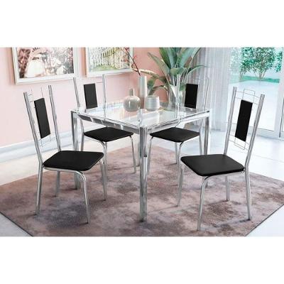 Conjunto Mesa Sala Jantar Reno Com Tampo De Vidro 90x90cm E 4 Cadeiras Lisboa Cromada Preto Kappesberg