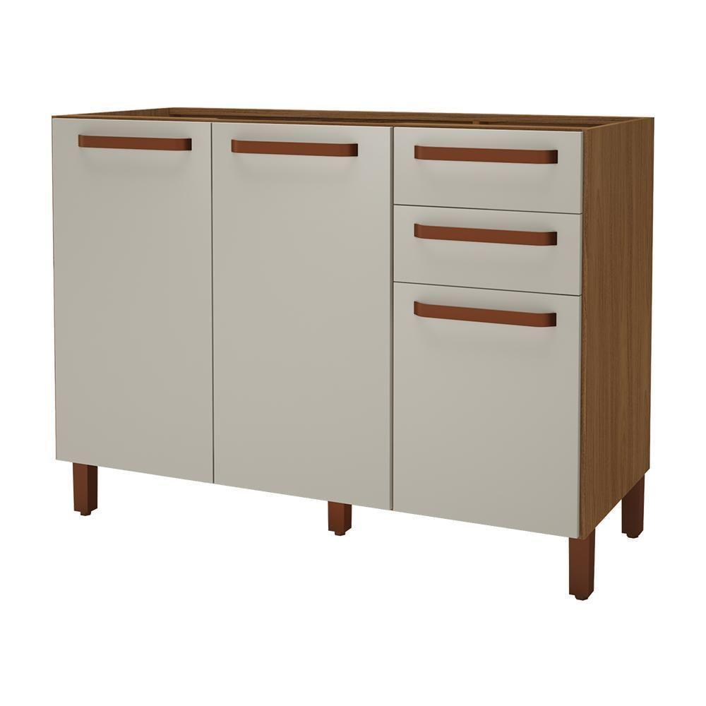 Balcão De Cozinha Monza 120cm 3 Portas E 2 Gavetas Freijó-off White Sem Tampo - Indékes Freijó-off White - 1