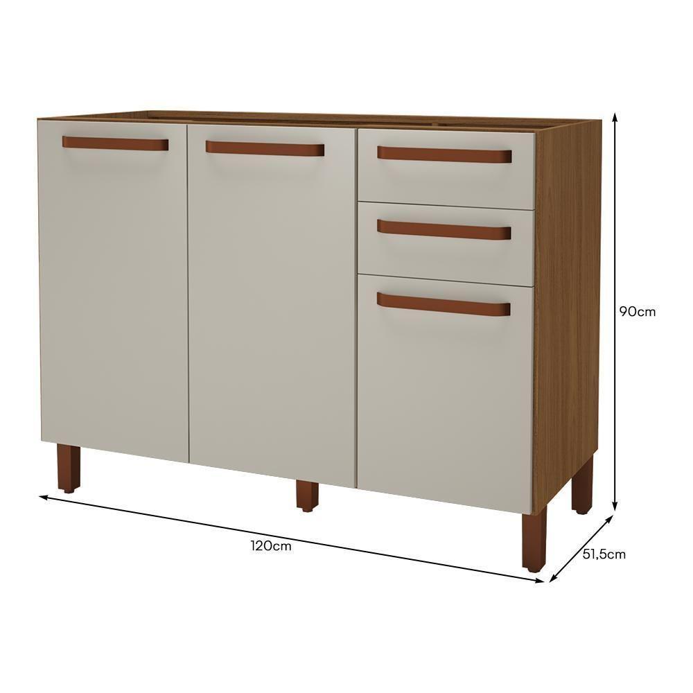 Balcão De Cozinha Monza 120cm 3 Portas E 2 Gavetas Freijó-off White Sem Tampo - Indékes Freijó-off White - 3