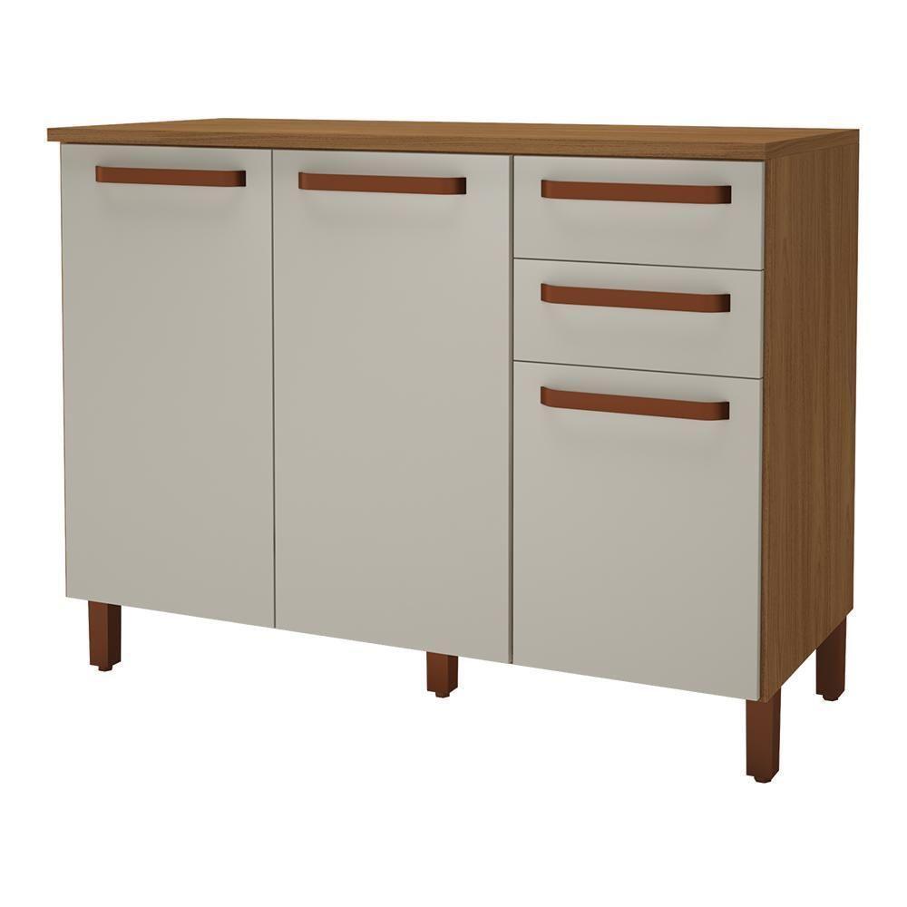 Balcão De Cozinha Monza 120cm 3 Portas E 2 Gavetas Freijó-off White Com Tampo Mdf - Indékes Freijó-off White - 1