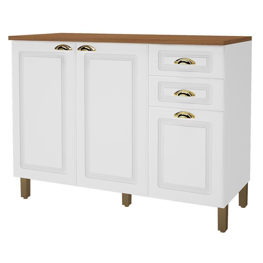 Balcão De Cozinha Firenze 120cm 3 Portas E 2 Gavetas Branco Com Tampo Mdf - Indékes Branco - 1