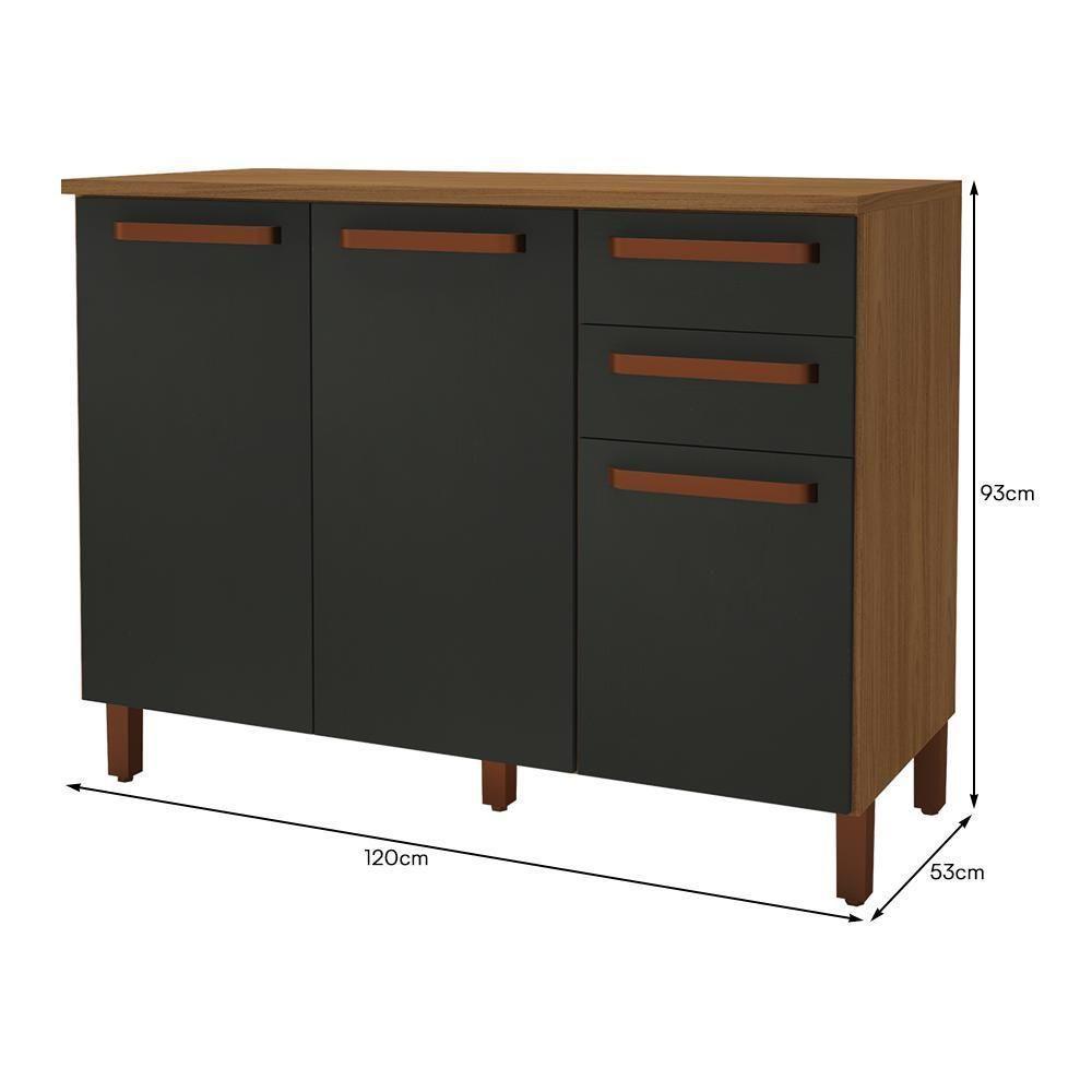 Balcão De Cozinha Monza 120cm 3 Portas E 2 Gavetas Freijó-chumbo Com Tampo Mdf - Indékes Freijó-chumbo - 3