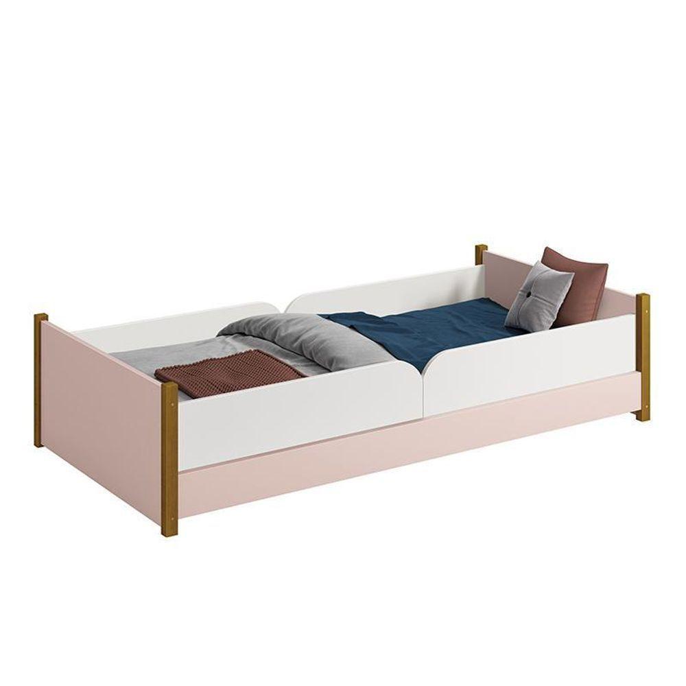 Cama Evolutiva Ravi Rosa Com Pés Amadeirado, 2 Kits Grade Lateral Lisa E Colchão D33 - Reller Móveis Rosa Fosco - 1