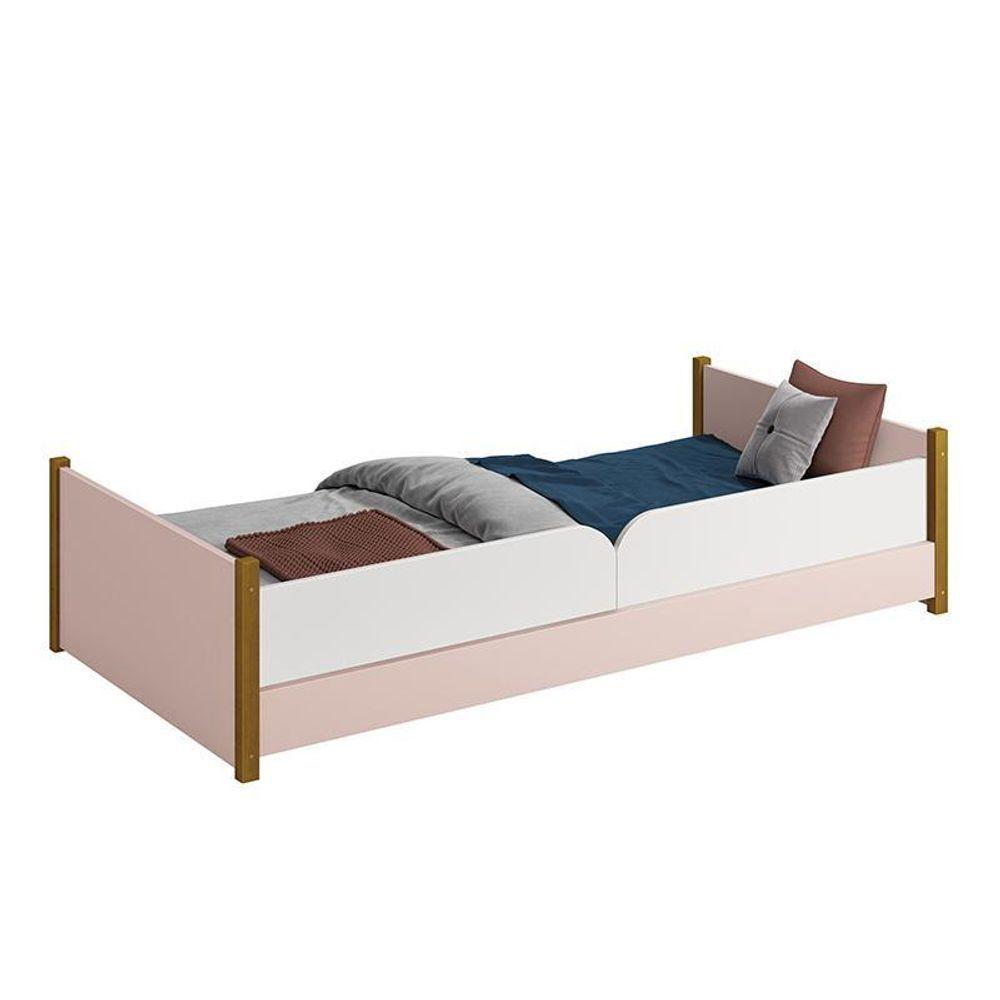 Cama Evolutiva Ravi Rosa Com Pés Amadeirado, Proteção Lateral Lisa E Colchão D33 - Reller Móveis Rosa Fosco - 1