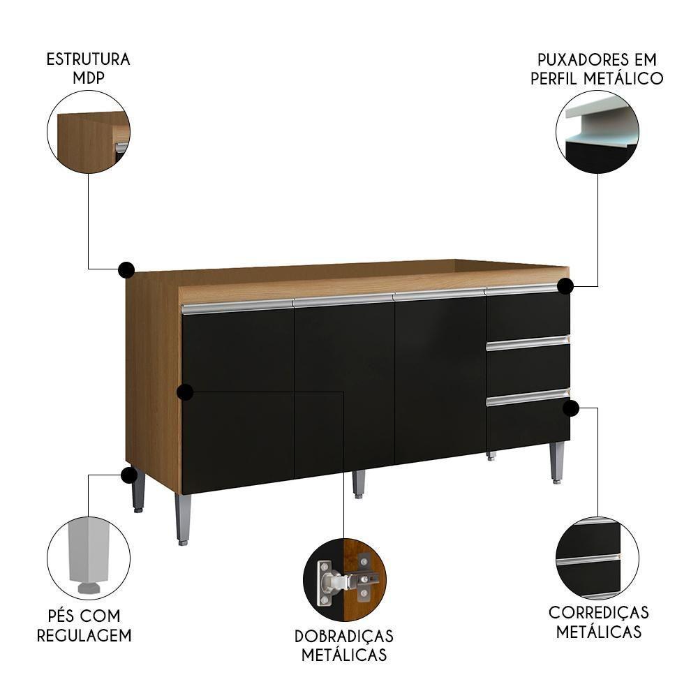 Balcão De Cozinha Para Pia 160cm 3 Gavetas Andréia Amêndoa-preto - Ajl Móveis - 3