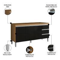 Balcão De Cozinha Para Pia 160cm 3 Gavetas Andréia Amêndoa-preto - Ajl Móveis - 3