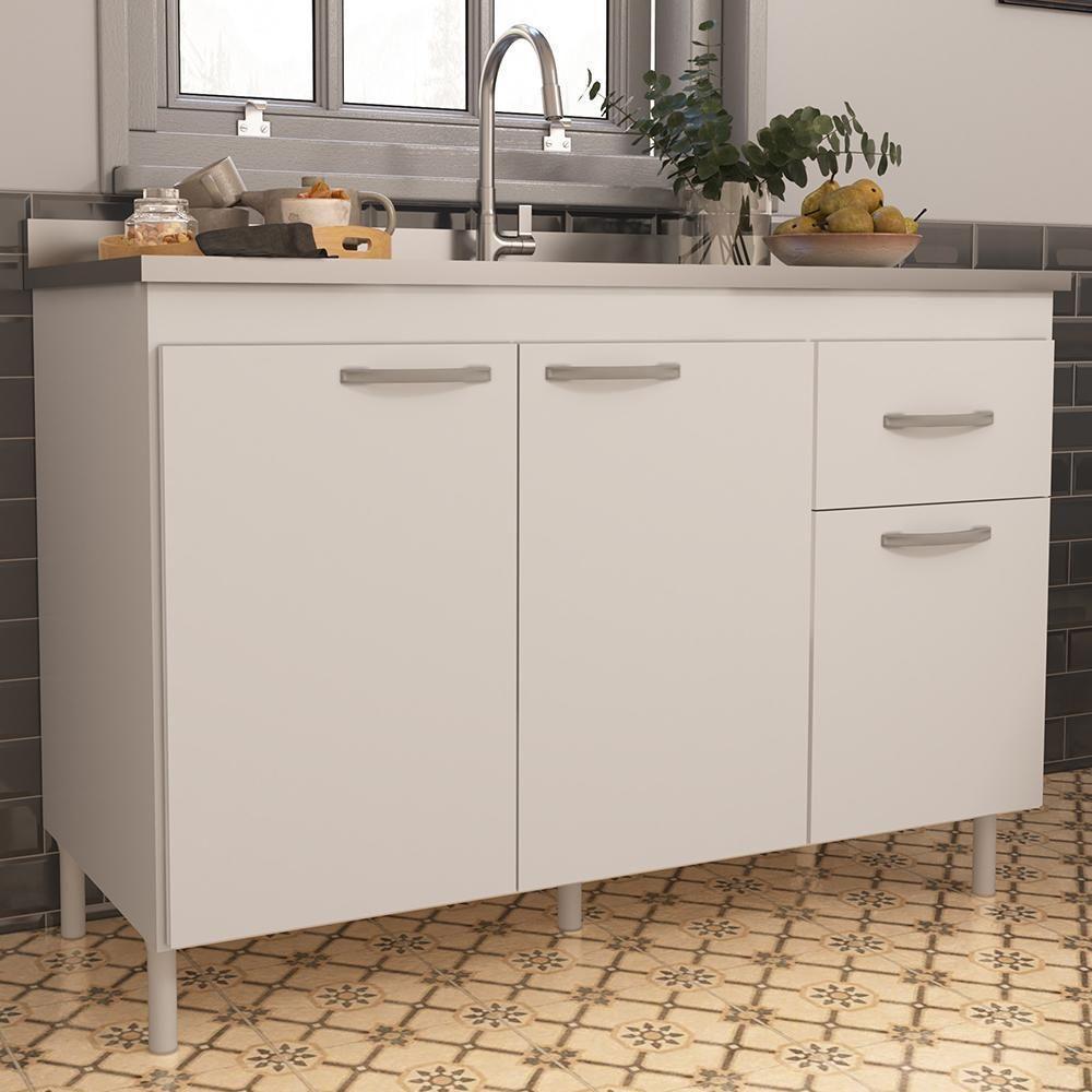 Balcão De Cozinha Pop 120cm 3 Portas E 1 Gaveta Branco Sem Tampo - Indékes Branco - 2