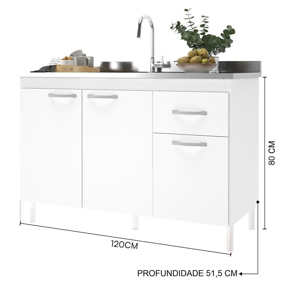 Balcão De Cozinha Pop 120cm 3 Portas E 1 Gaveta Branco Sem Tampo - Indékes Branco - 4