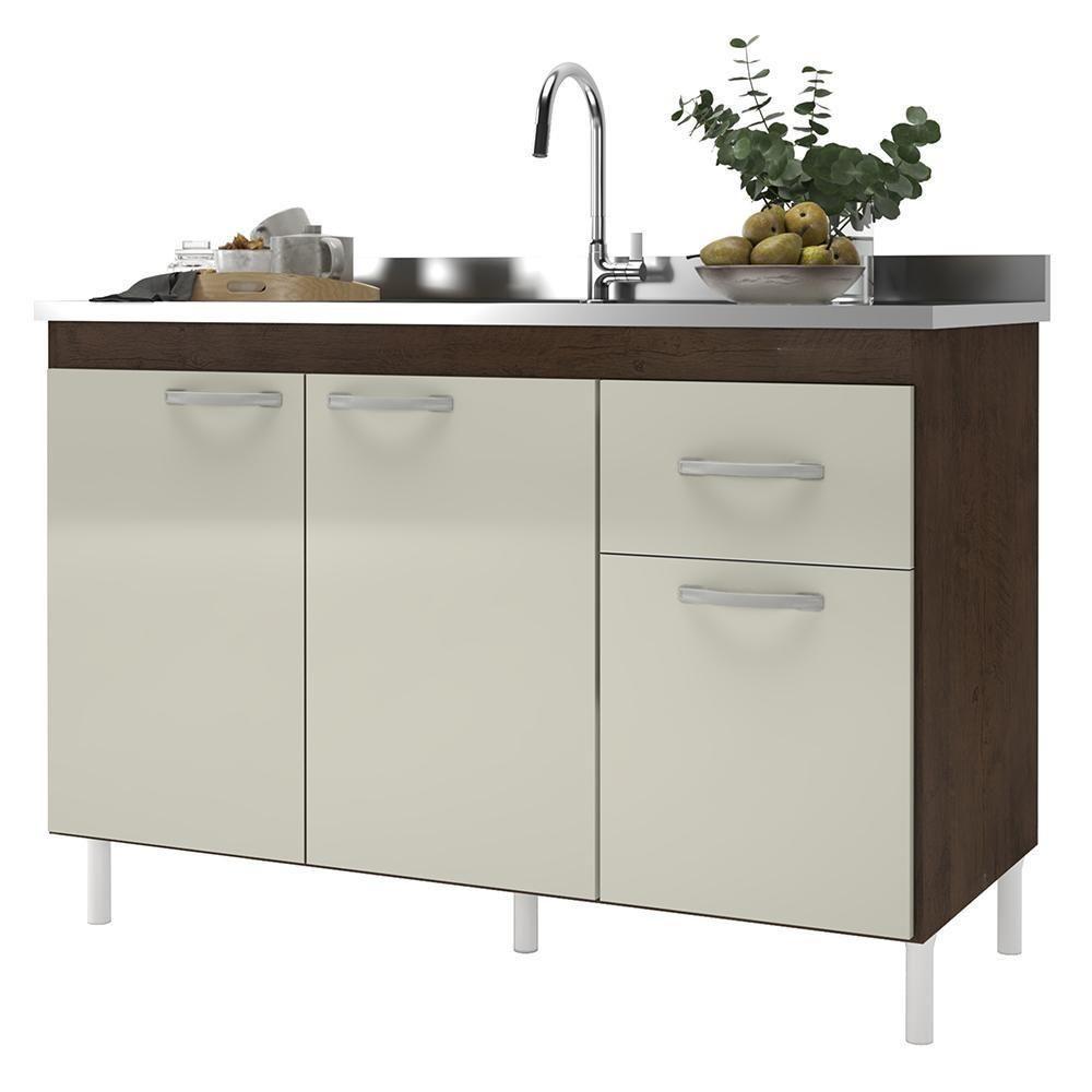 Balcão De Cozinha Pop 120cm 3 Portas E 1 Gaveta Noce-off White Sem Tampo - Indékes Noce-off White - 1