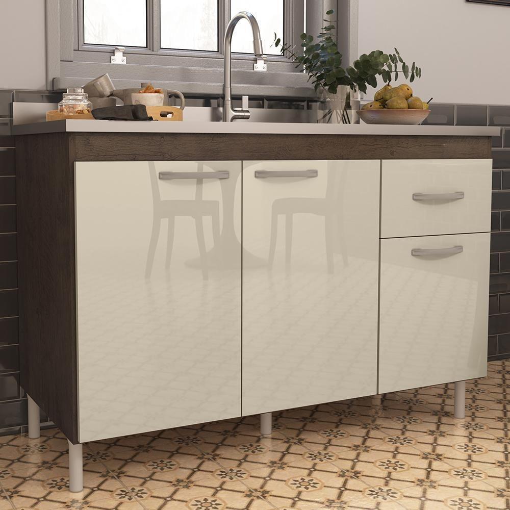 Balcão De Cozinha Pop 120cm 3 Portas E 1 Gaveta Noce-off White Sem Tampo - Indékes Noce-off White - 2