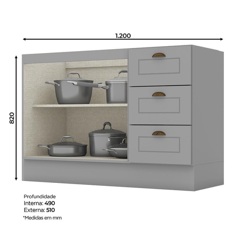 Balcão Pia 2 Portas E 3 Gavetas 120cm Americana Cinza Com Tampo Nature - Móveis Henn Cinza-nature - 4